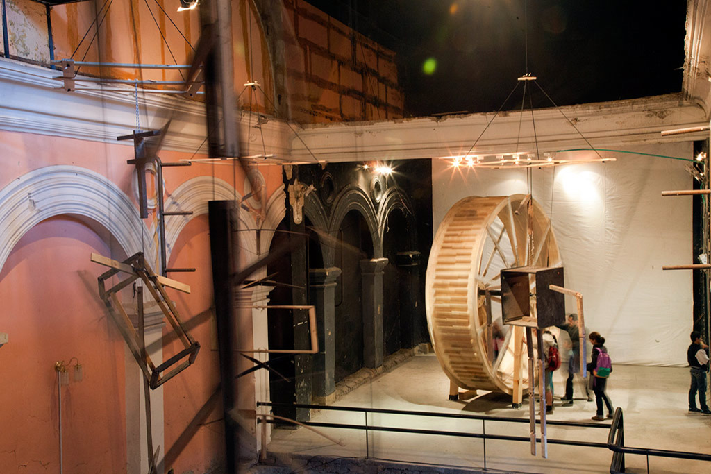 General view of machine installation at the ruins of the theater space of Espacio Odeon in Bogotá 